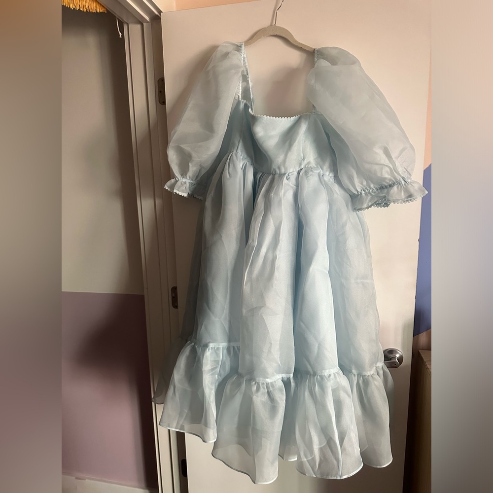 Selkie Pale Blue Puff Sleeve Midi Dress